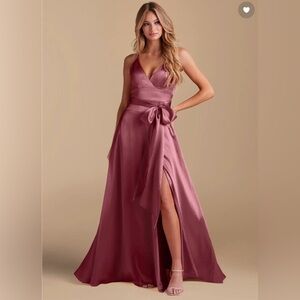 NWT Azazie Sophia Olive Satin Bridesmaid Dress A6 | Formal Maxi Slit Gown | Prom